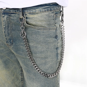 Heavy metal hip hop pants chain with skull clasp on blue denim jeans for men