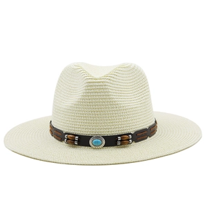 Detailed view of cream straw fedora hat with turquoise bead and wooden deco band