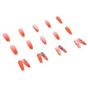 24pcs long coffin press-on nails with orange gradient, butterfly art, and French tips