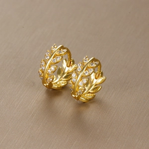 Elegant gold olive leaf hoop earrings with shimmering crystals in S925 sterling silver