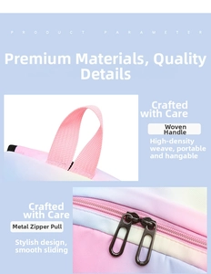 Detail of high-density woven handles and dual metal zippers on gradient lunch bag