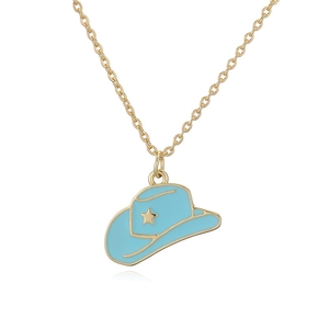 Collier chaîne dorée style western avec pendentif chapeau de cowboy bleu et étoile dorée
