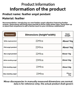 Size chart for feather angel pendants showing dimensions and weights for Christmas ornaments