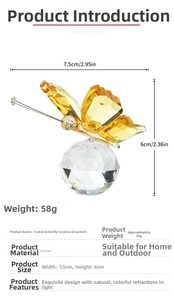 Crystal butterfly ornament with yellow wings and dimensions of 7.5cm x 6cm