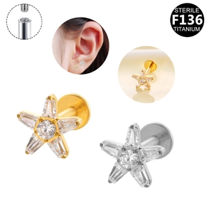 F136 titanium star zircon stud earrings with internal threading in gold and silver