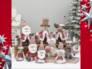 Detailed view of plush Christmas doll textures with knit fabric and faux fur trim details