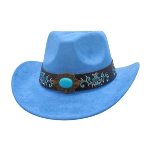 Close-up of sky blue faux suede cowboy hat with turquoise stone and floral embroidery