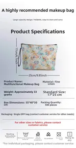 Linen makeup bag detail showing 17x25cm size dimensions and floral butterfly pattern