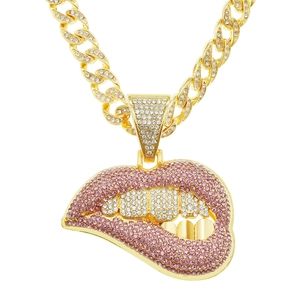Hip Hop Rhinestone Lips Teeth Pendant Necklace Men Iced Out Cuban Link Chain Punk Party Jewelry Gold Silver Necklace