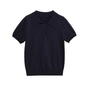 Classic dark blue short sleeve knit polo shirt for women with ribbed collar and buttons