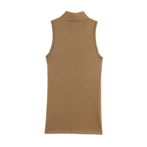 Flat lay back view of high-neck sleeveless khaki knit tank top with soft ribbed texture