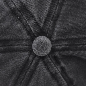 Macro shot of the dark corduroy cap crown showing panel stitching and top button detail
