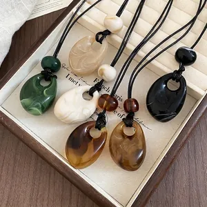 Vintage Acrylic Water Drop Pendant Necklace Long Black Wax Rope Sweater Chain Retro Marble Texture Niche Style Women