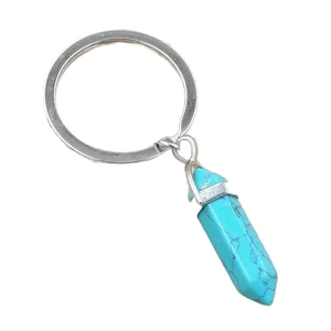 Hexagonal turquoise crystal pillar keychain with silver metal ring on white background
