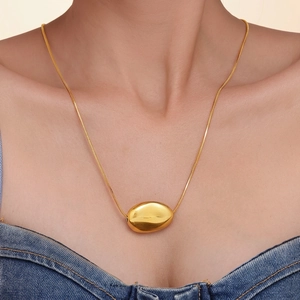 Minimalist Gold Plated Titanium Steel Pendant Necklace With Smooth Oval Bean Charm Elegant Snake Bone Chain For Women
