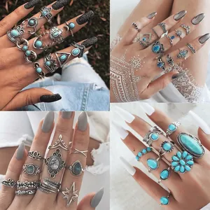 Vintage Bohemian Alloy Finger Rings With Synthetic Turquoise Feather Flower Leaf Design Retro Ethnic Style For Women