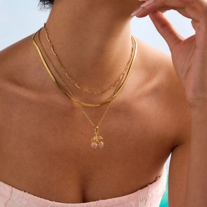 18K gold plated stainless steel layered necklace with pink cubic zirconia cherry pendant