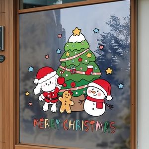 Christmas Window Stickers PVC Static Cling Reusable Decals Santa Snowman Puppy Cartoon Holiday Shop Display Decor