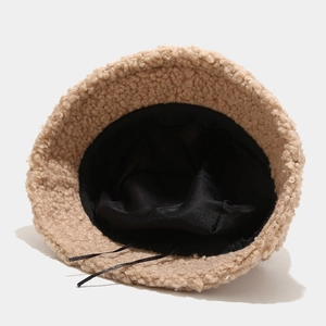 Winter faux lamb wool bucket hat in khaki with internal adjustable drawstring detail