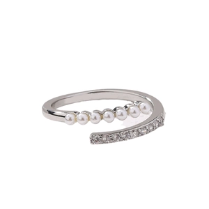 Polished silver adjustable open ring with micro-set pearls and sparkling zircon stones