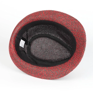 Detail of red and grey woven Panama hat showing the interior sweatband and 58cm paper label