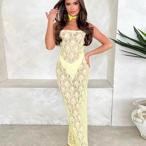 Robe longue sexy en dentelle jaune transparente avec ensemble bikini assorti