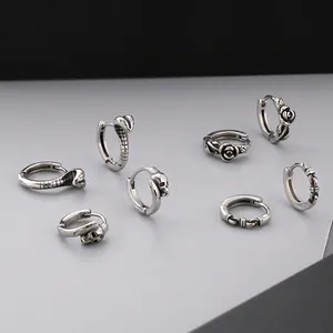 Stainless Steel Gothic Punk Hoop Earrings Vintage Silver Skull Snake Rose Flower Retro Niche Jewelry For Men Women