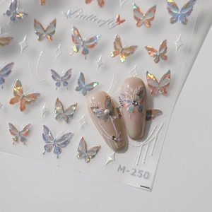 Iridescent butterfly nail stickers with laser effect and star motifs on pink base nails