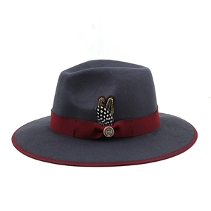 Deep grey wide brim wool felt hat with burgundy ribbon and feather decoration