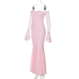 Detail of pink lace off-shoulder fishtail evening gown with intricate floral textures