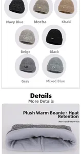 Close-up of thick gray fleece lining and knit texture on this winter beanie hat