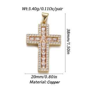 Macro detail of gold cross pendant with pink square gemstones and size measurements