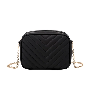 Women's black V-quilted small crossbody bag with gold chain strap and zipper closure