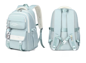 Detailed side and back view of light blue nylon backpack with padded S-shaped shoulder straps