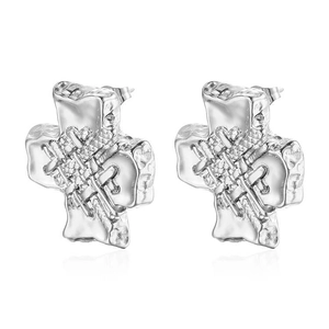 Vintage silver irregular cross stud earrings with woven texture in stainless steel