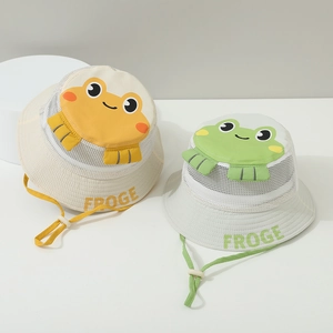 Detail view of frog kids sun hats showing breathable mesh and adjustable chin strap