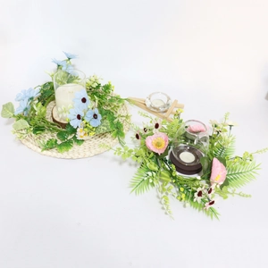 Wedding centerpiece candle ring set with blue and pink artificial flowers and glass holders