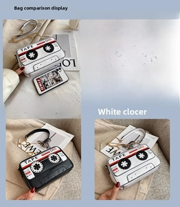 Detail view of vintage cassette tape crossbody bag with PU leather and gold chain