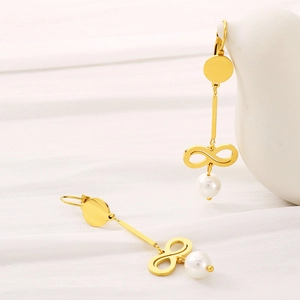 Elegant gold long drop earrings featuring infinity symbol and white pearl pendants