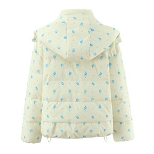 Women's padded winter hooded jacket with blue floral print on beige quilted fabric