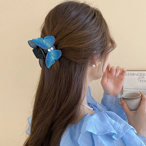 Détail de la pince à cheveux papillon bleu avec strass portée sur les cheveux