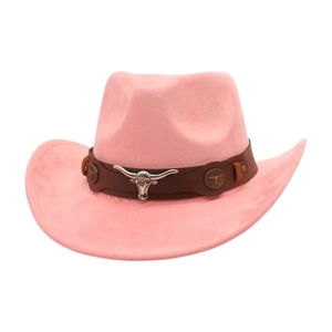 Detailed view of pink suede cowboy hat with silver bull head buckle and leather band