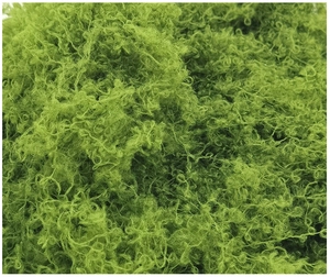 Dettaglio di muschio artificiale decorativo verde erba con trama fibrosa realistica