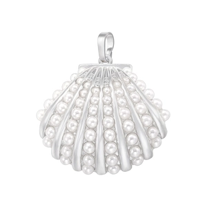 Detailed close-up of a silver shell-shaped pendant adorned with elegant white pearls