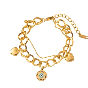 Bracelet double rang en acier inoxydable doré avec pendentifs cœur et œil grec