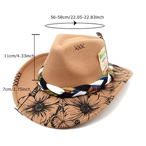 Camel wool felt cowboy hat with peacock feather print and woven decorative band