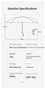 Detailed specs of the 210g mini flat folding umbrella with UPF50+ and 15cm storage