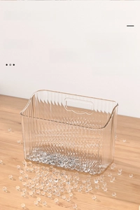 Macro detail of food-grade PET wall-mounted storage box with transparent vertical stripes