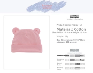 Pink newborn baby cotton beanie with cute round ears and detailed size specifications