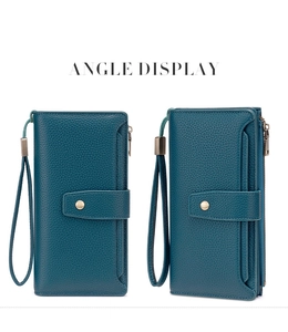 Detailed angle view of teal RFID leather wallet with litchi texture and wrist strap